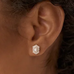 14k Baguette & Round Diamond Hexagon Studs