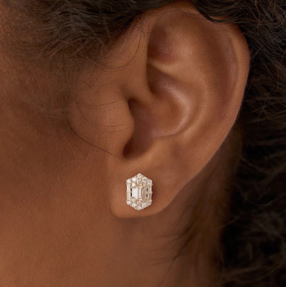 14k Baguette & Round Diamond Hexagon Studs
