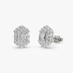 14k Baguette & Round Diamond Hexagon Studs