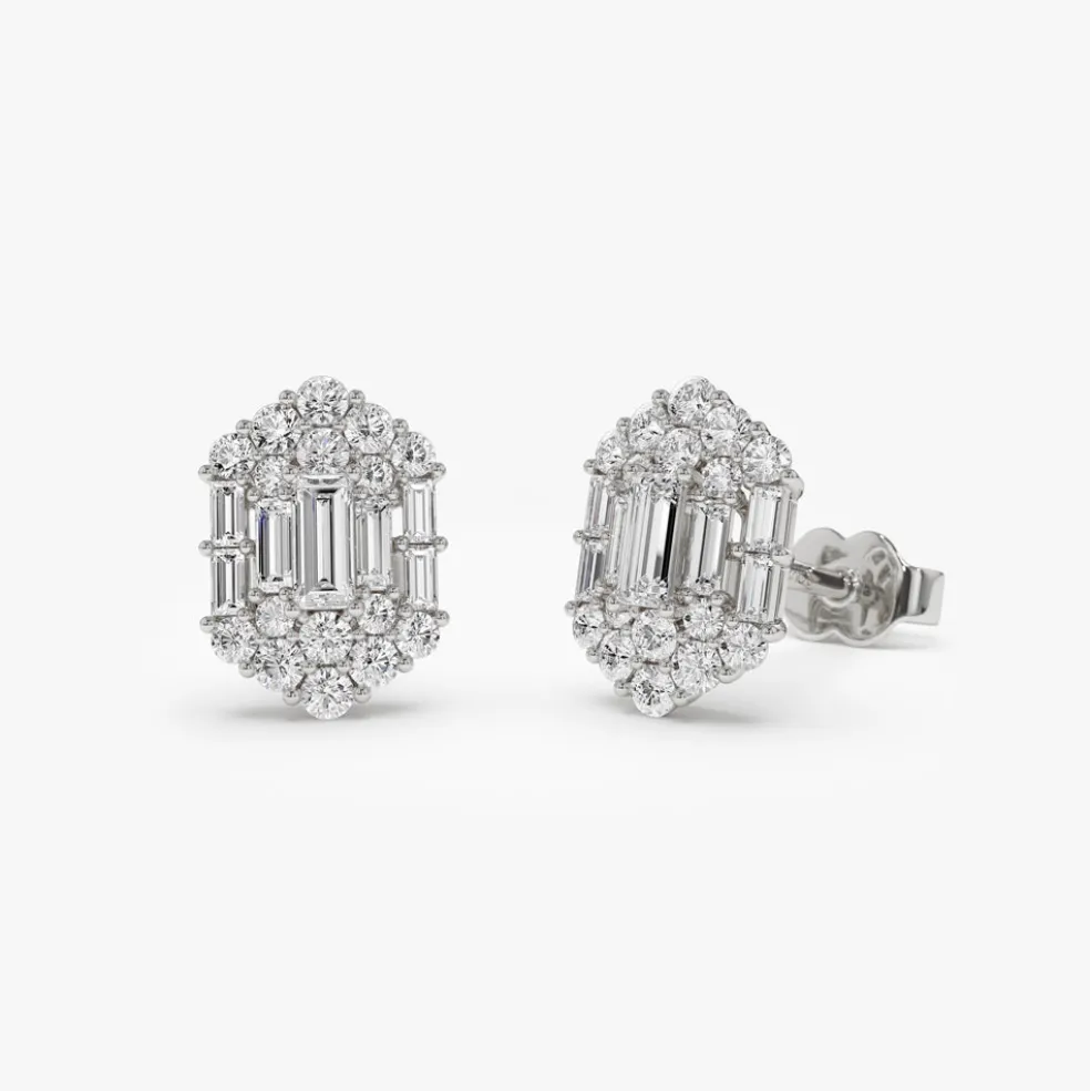 14k Baguette & Round Diamond Hexagon Studs