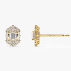 14k Baguette & Round Diamond Hexagon Studs