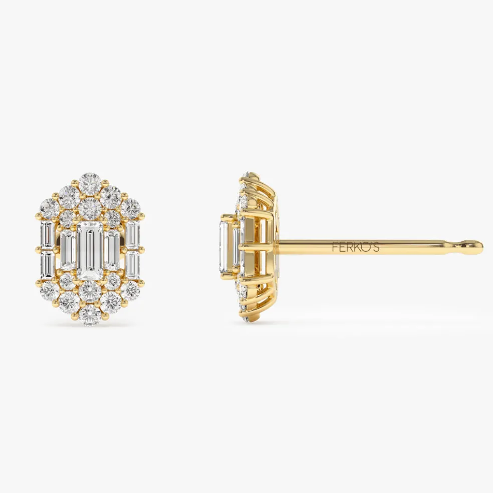 14k Baguette & Round Diamond Hexagon Studs