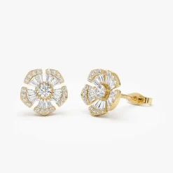 14k Baguette & Round Diamond Unique Flower Earrings