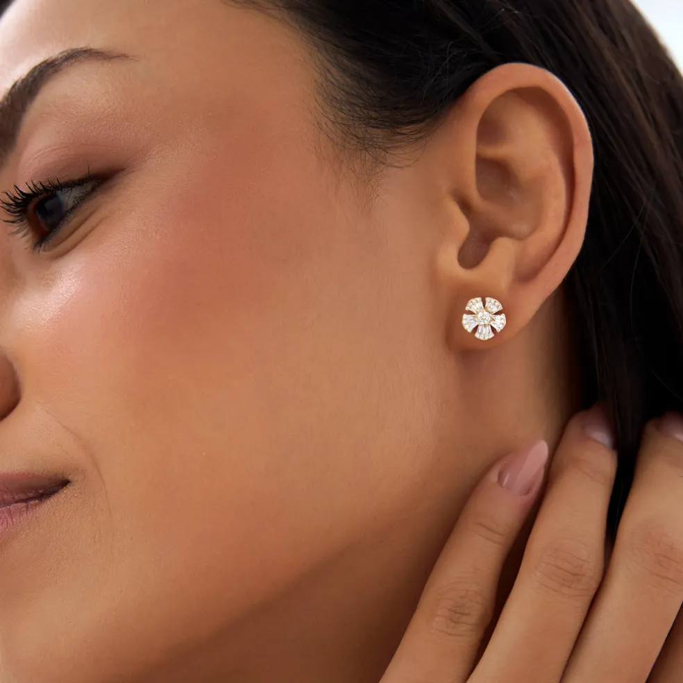 14k Baguette & Round Diamond Unique Flower Earrings