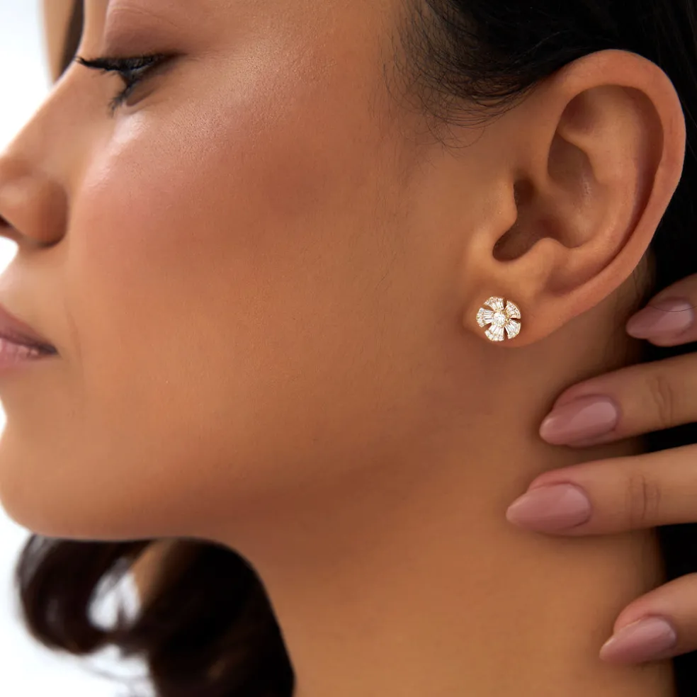 14k Baguette & Round Diamond Unique Flower Earrings