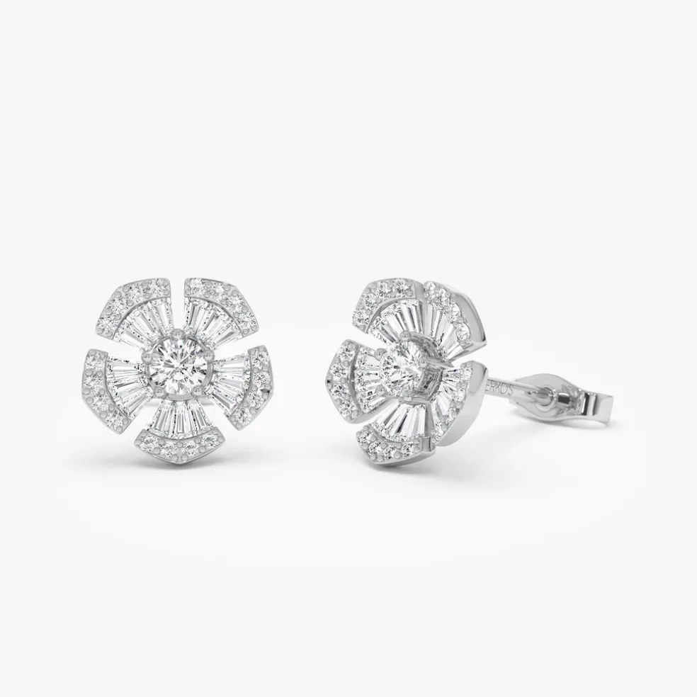 14k Baguette & Round Diamond Unique Flower Earrings