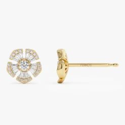 14k Baguette & Round Diamond Unique Flower Earrings