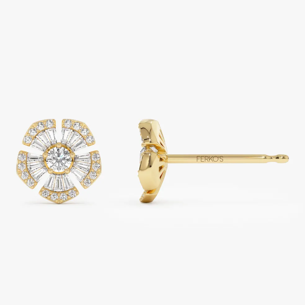 14k Baguette & Round Diamond Unique Flower Earrings