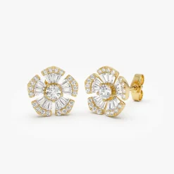 14k Baguette & Round Diamond Unique Flower Earrings