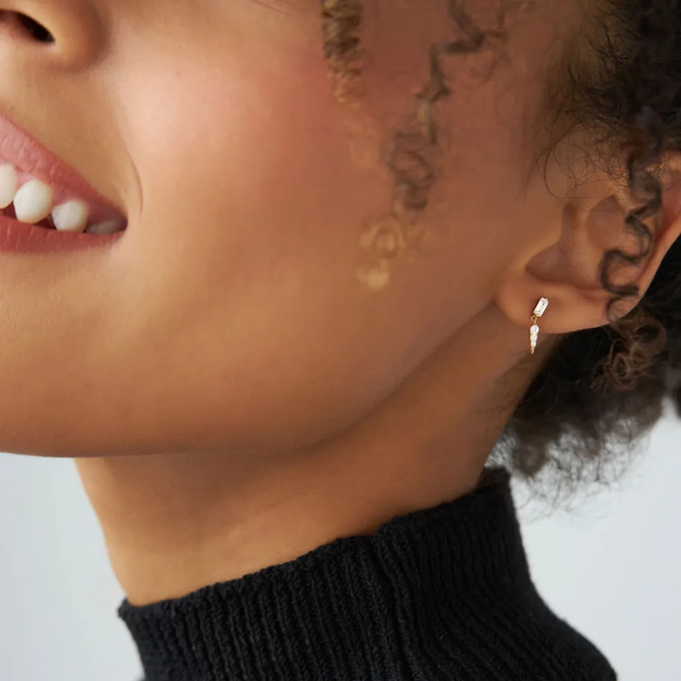 14k Baguette & Round Diamond Dangle Spike Earrings