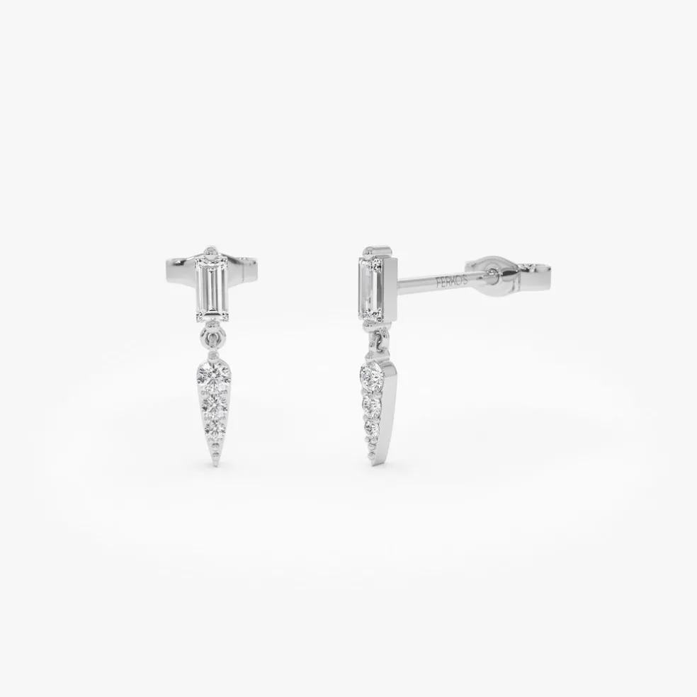 14k Baguette & Round Diamond Dangle Spike Earrings