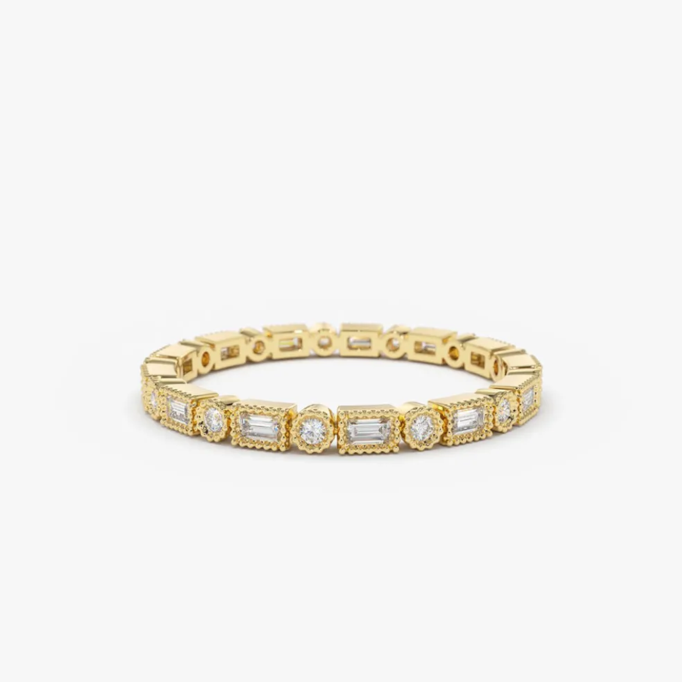 14K Baguette & Round Diamond Milgrain Bezel Full Eternity Ring