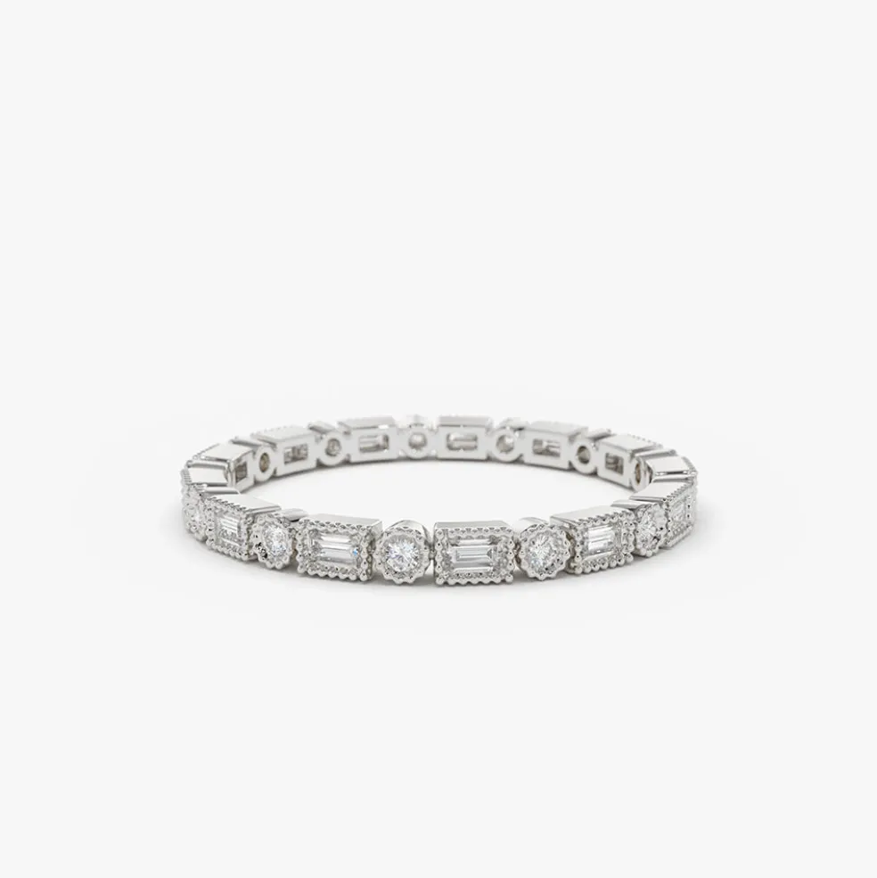 14K Baguette & Round Diamond Milgrain Bezel Full Eternity Ring