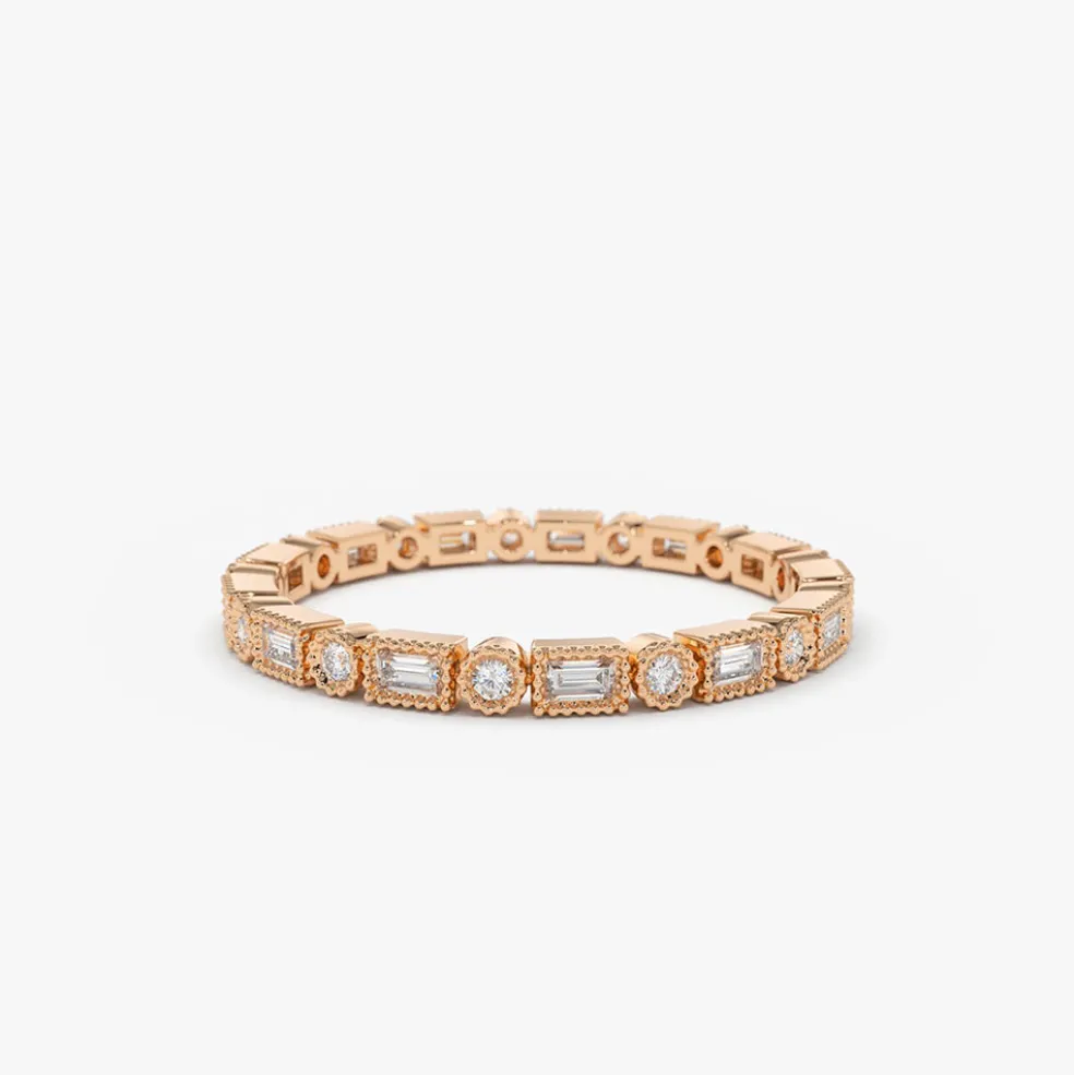 14K Baguette & Round Diamond Milgrain Bezel Full Eternity Ring