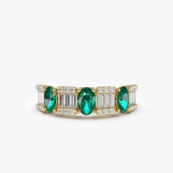 14K Baguette & Round Diamond with Genuine Emerald Ring