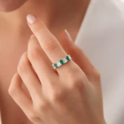 14K Baguette & Round Diamond with Genuine Emerald Ring