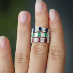 14K Baguette & Round Diamond with Genuine Emerald Ring