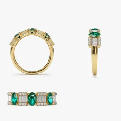 14K Baguette & Round Diamond with Genuine Emerald Ring