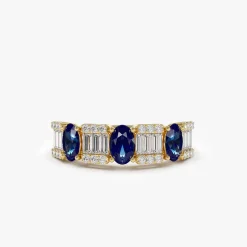 14K Baguette & Round Diamond with Genuine Sapphire Ring