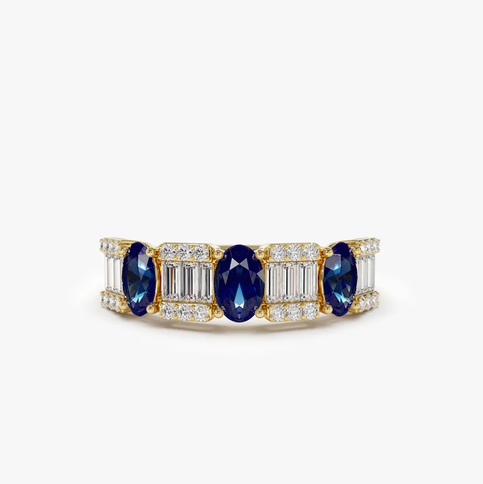 14K Baguette & Round Diamond with Genuine Sapphire Ring