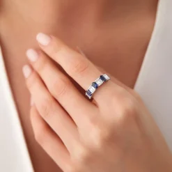 14K Baguette & Round Diamond with Genuine Sapphire Ring