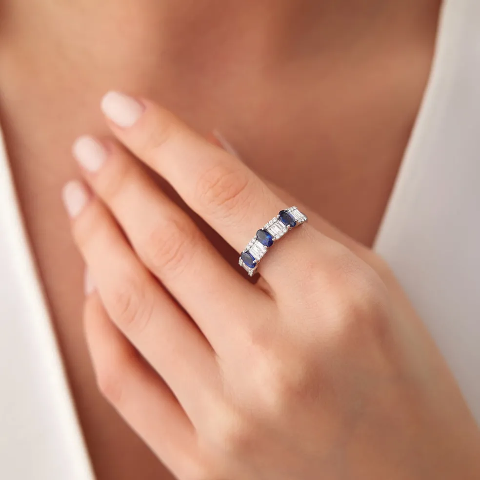 14K Baguette & Round Diamond with Genuine Sapphire Ring