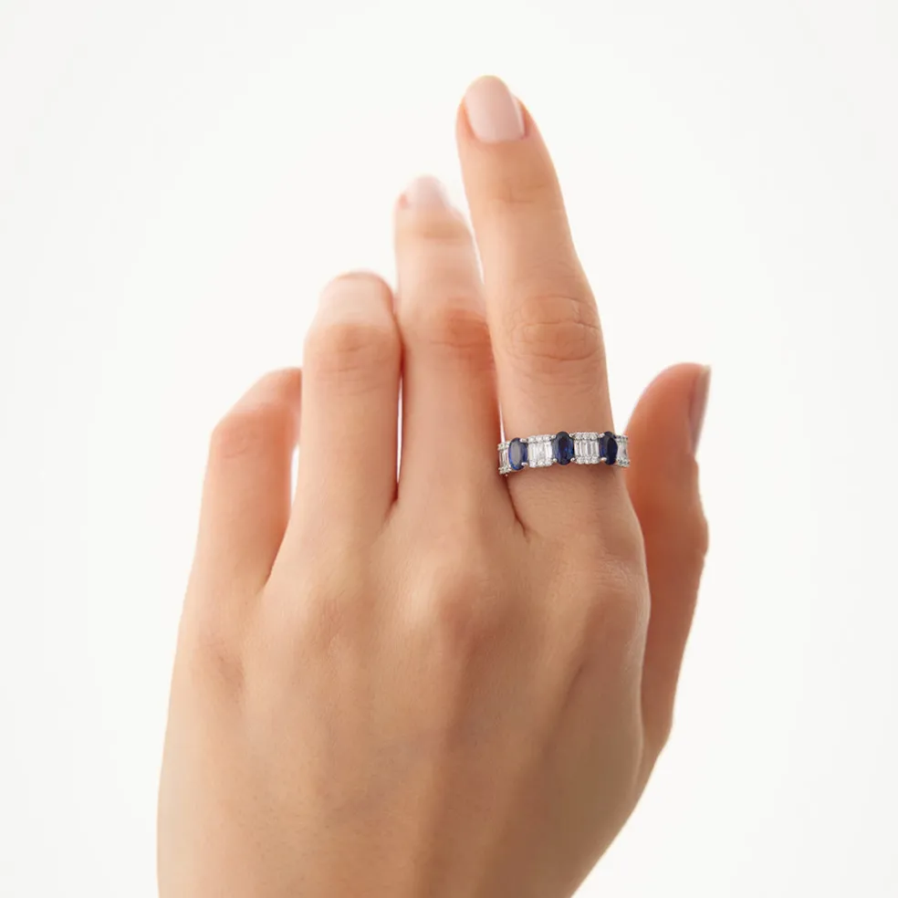 14K Baguette & Round Diamond with Genuine Sapphire Ring