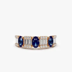 14K Baguette & Round Diamond with Genuine Sapphire Ring