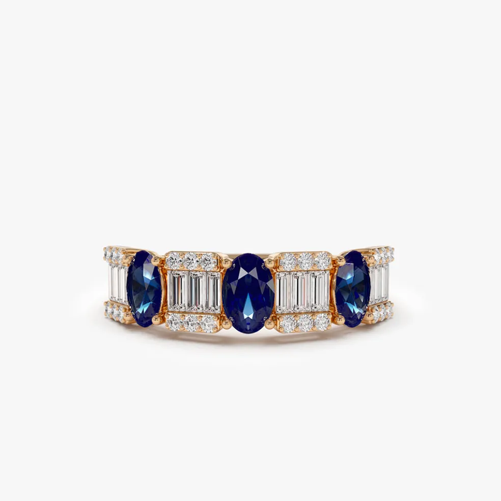 14K Baguette & Round Diamond with Genuine Sapphire Ring