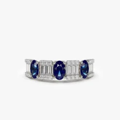14K Baguette & Round Diamond with Genuine Sapphire Ring