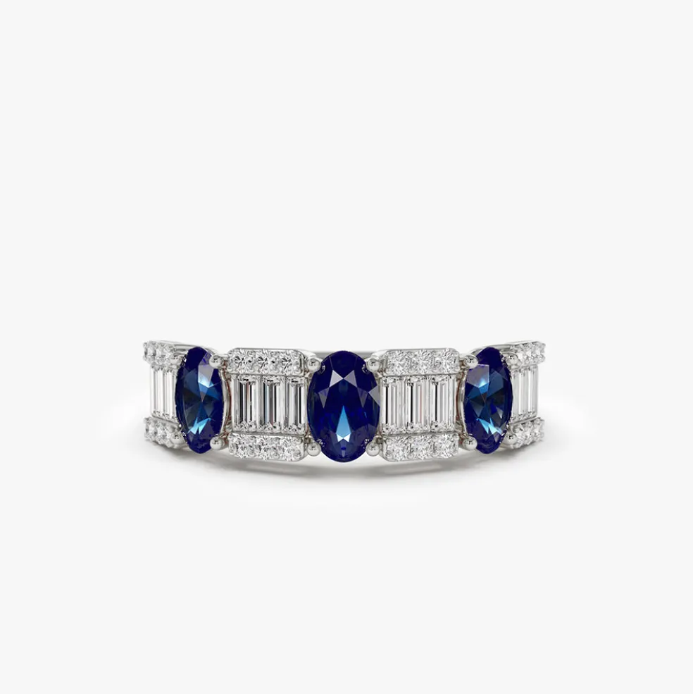 14K Baguette & Round Diamond with Genuine Sapphire Ring