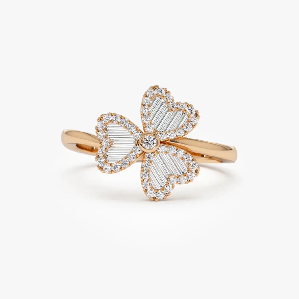 14k Baguette & Round Diamond Flower Ring