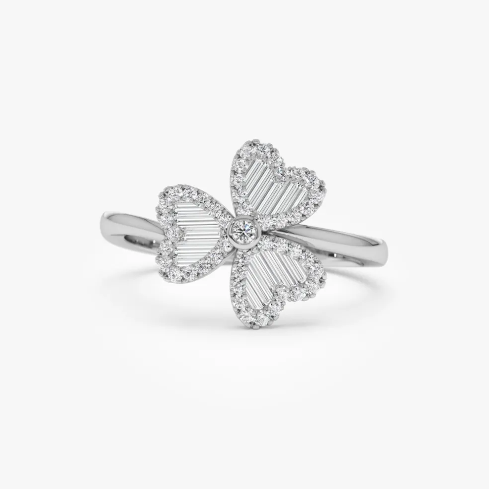 14k Baguette & Round Diamond Flower Ring