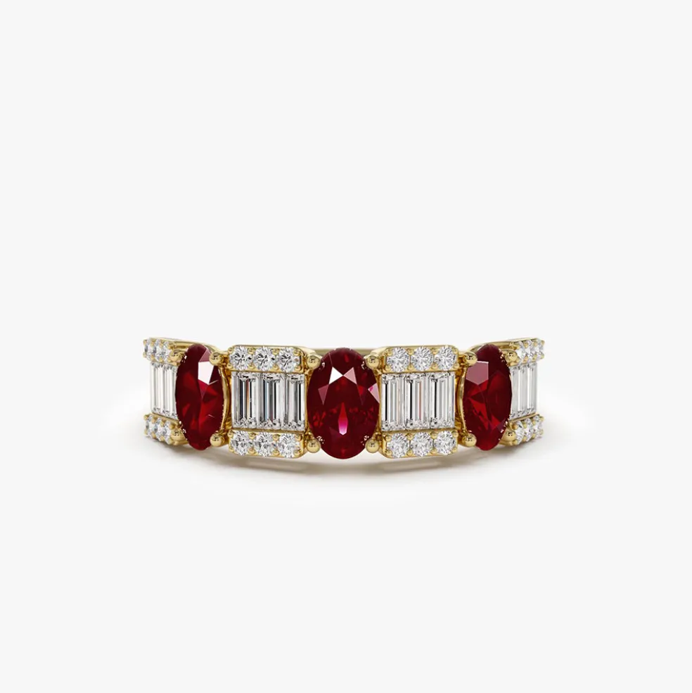 14K Baguette & Round Diamond with Genuine Ruby Ring