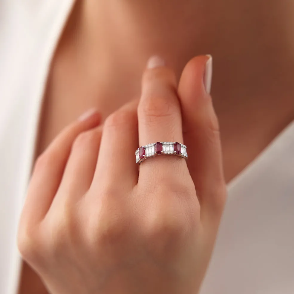 14K Baguette & Round Diamond with Genuine Ruby Ring