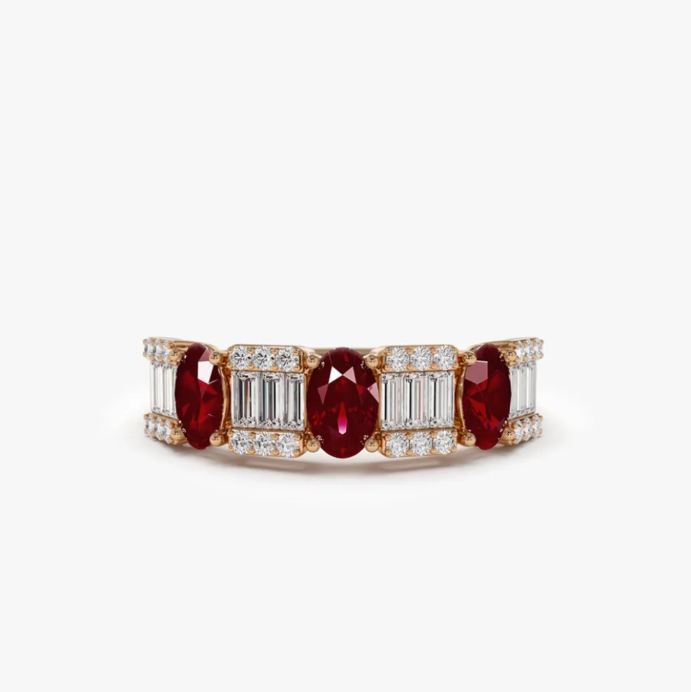 14K Baguette & Round Diamond with Genuine Ruby Ring