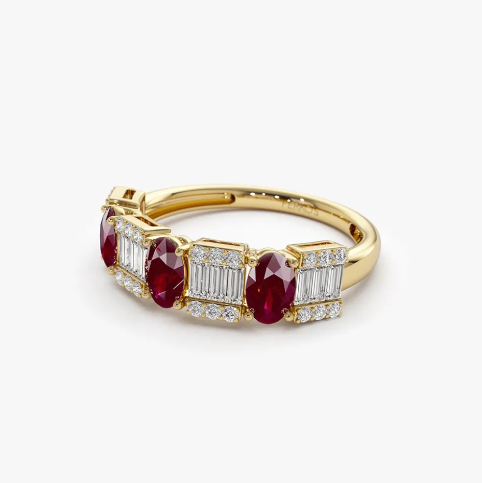 14K Baguette & Round Diamond with Genuine Ruby Ring