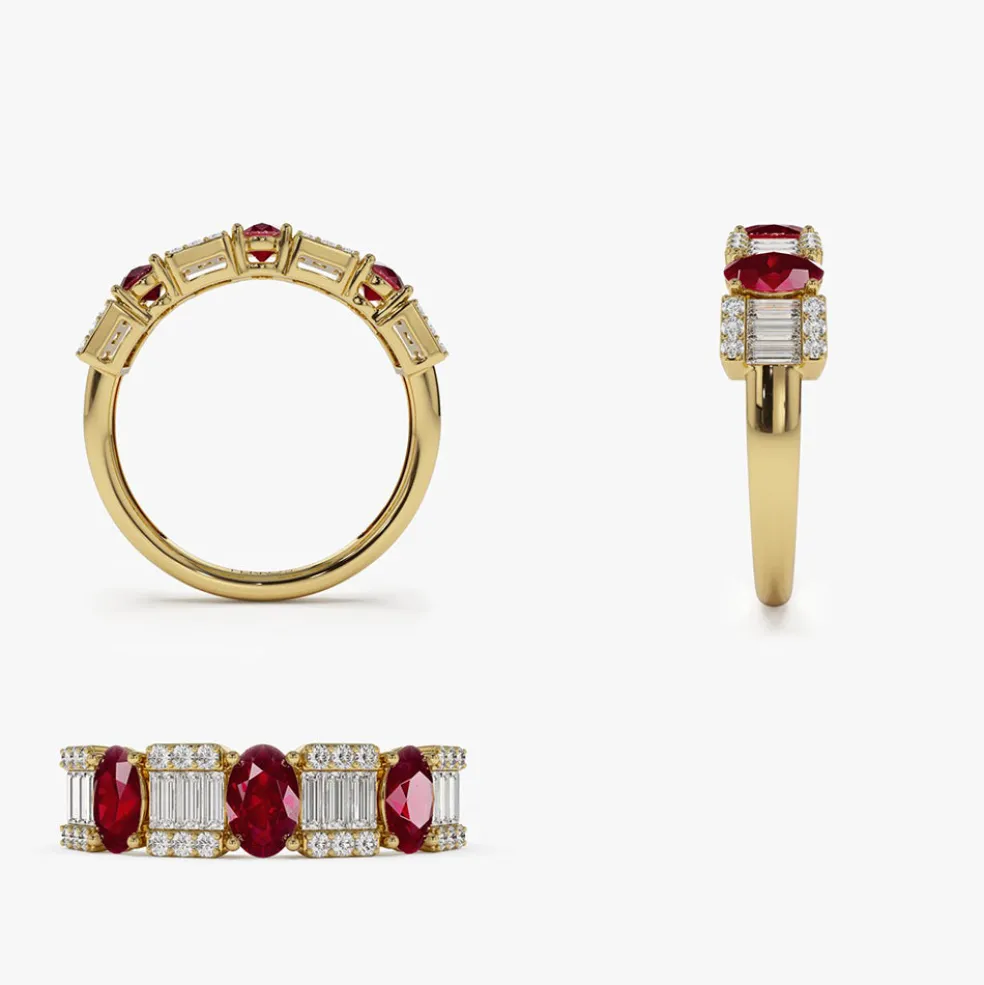14K Baguette & Round Diamond with Genuine Ruby Ring