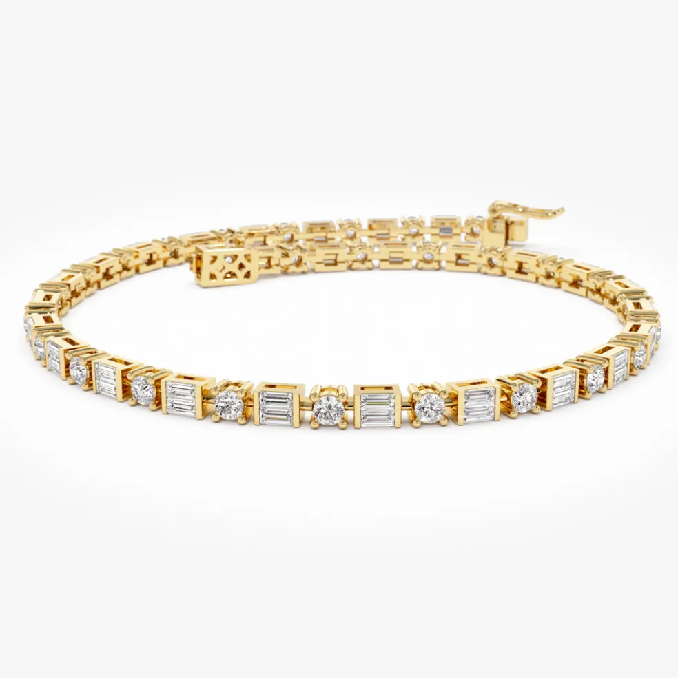 14k Baguette & Round Natural Diamond Tennis Bracelet