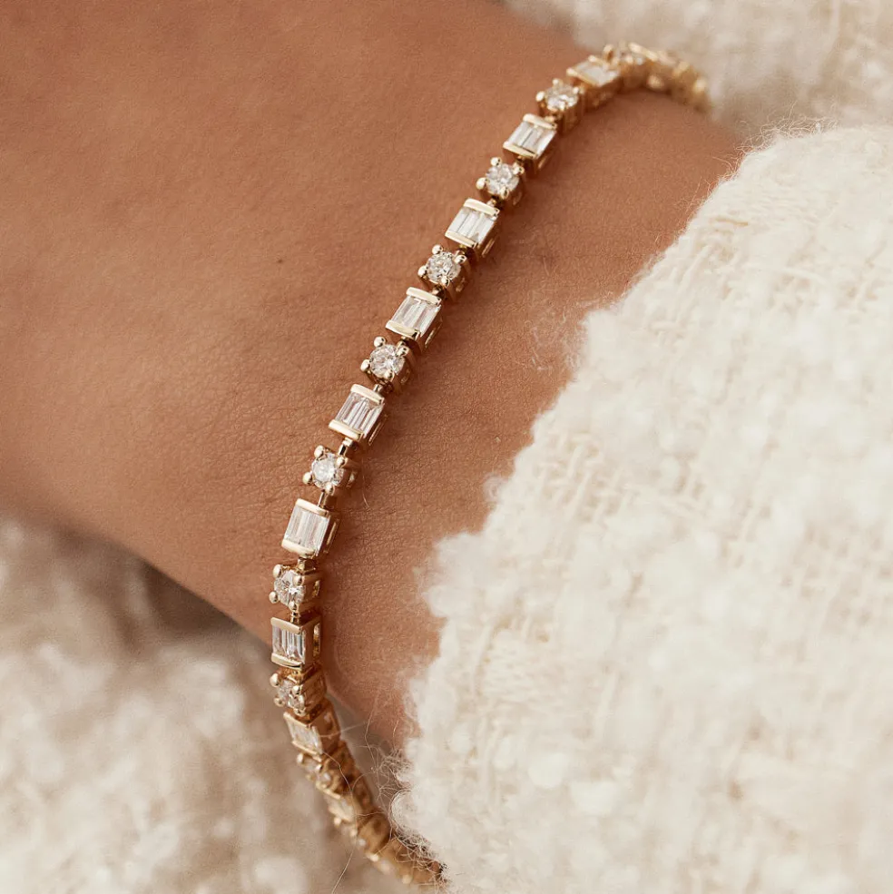 14k Baguette & Round Natural Diamond Tennis Bracelet