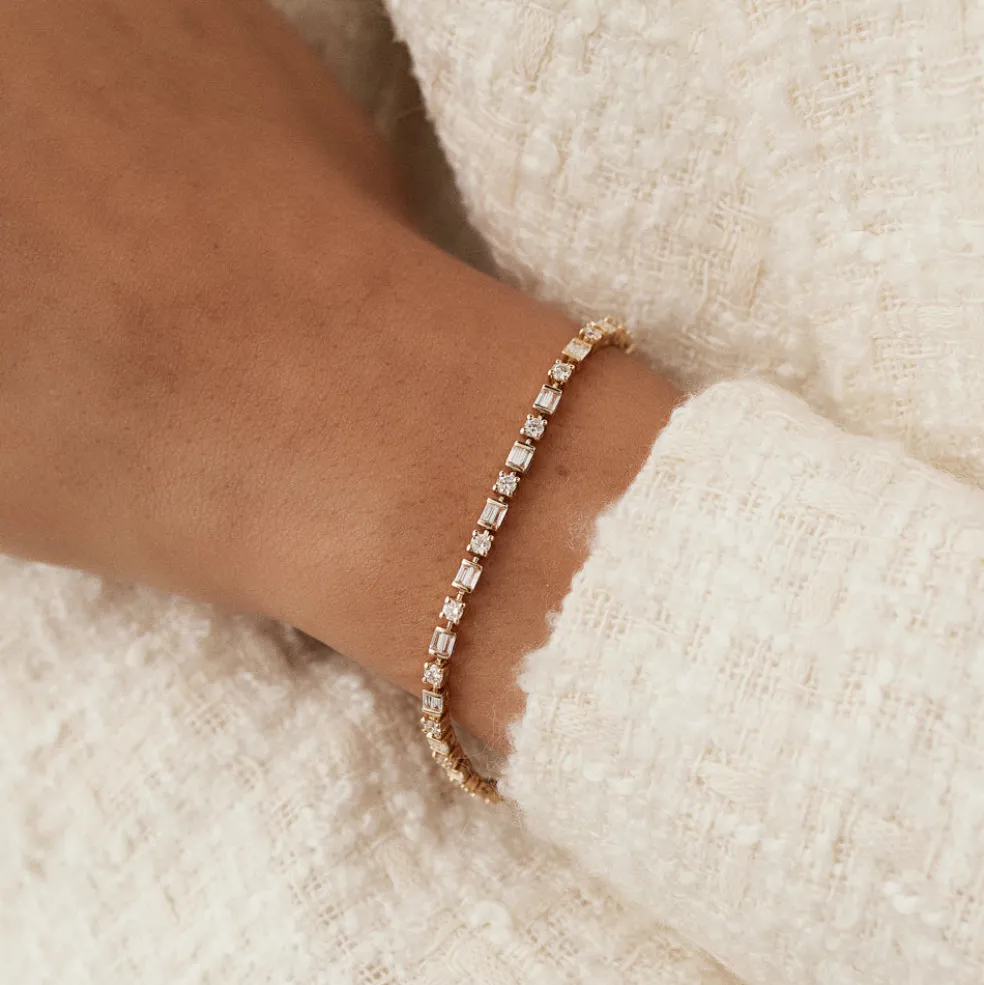 14k Baguette & Round Natural Diamond Tennis Bracelet