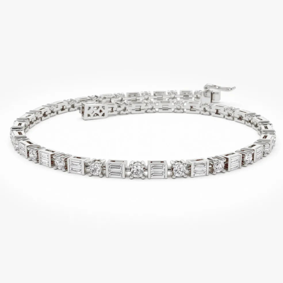 14k Baguette & Round Natural Diamond Tennis Bracelet