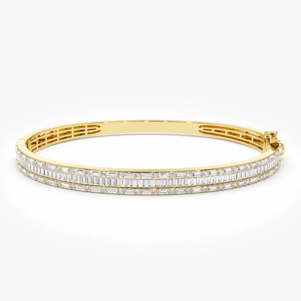 14k Baguette and Round Brilliant Micro Pave Statement Bangle Bracelet