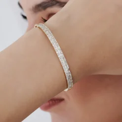 14k Baguette and Round Brilliant Micro Pave Statement Bangle Bracelet
