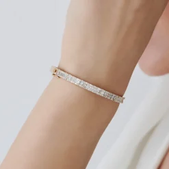 14k Baguette and Round Brilliant Micro Pave Statement Bangle Bracelet