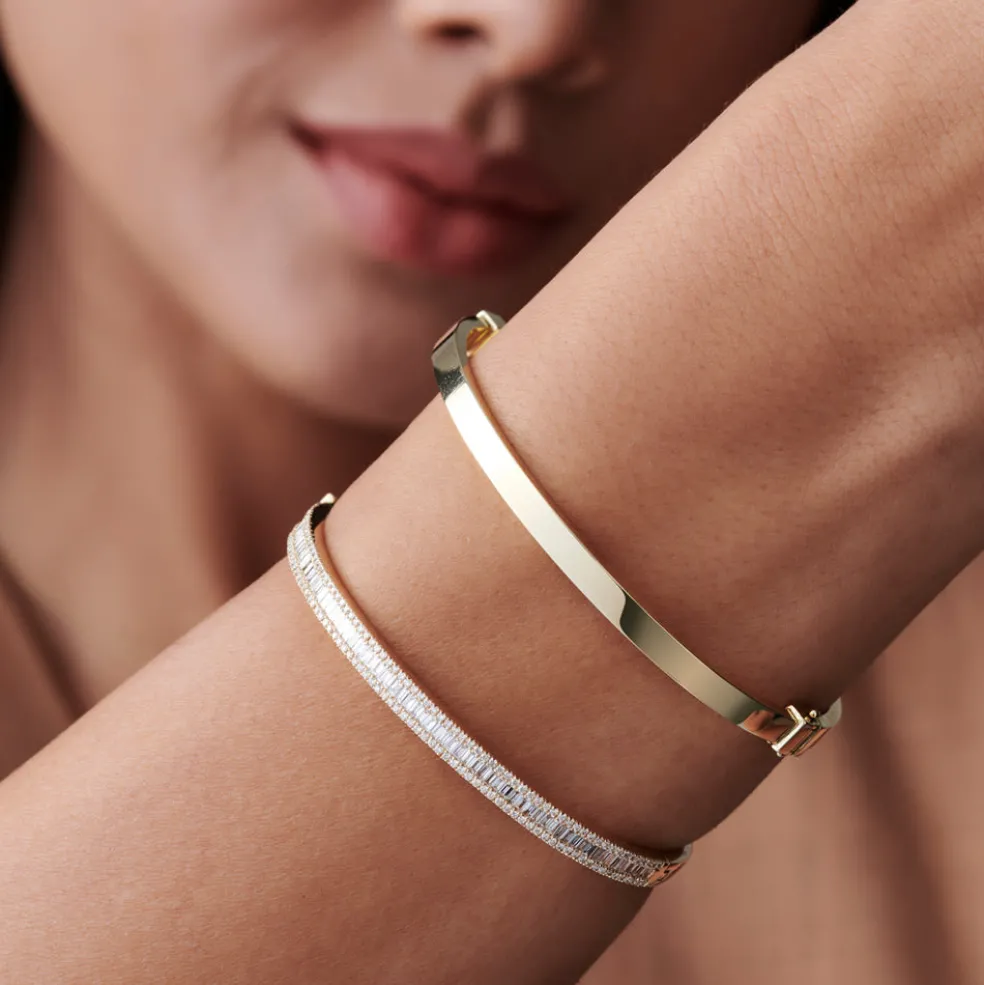 14k Baguette and Round Brilliant Micro Pave Statement Bangle Bracelet