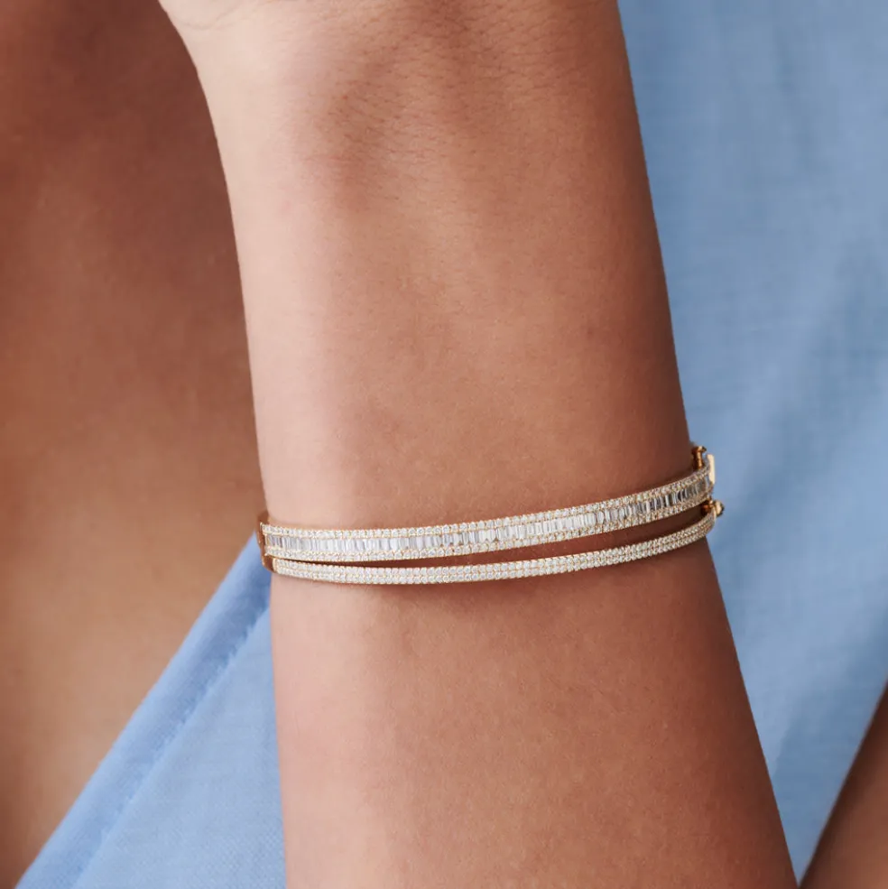 14k Baguette and Round Brilliant Micro Pave Statement Bangle Bracelet