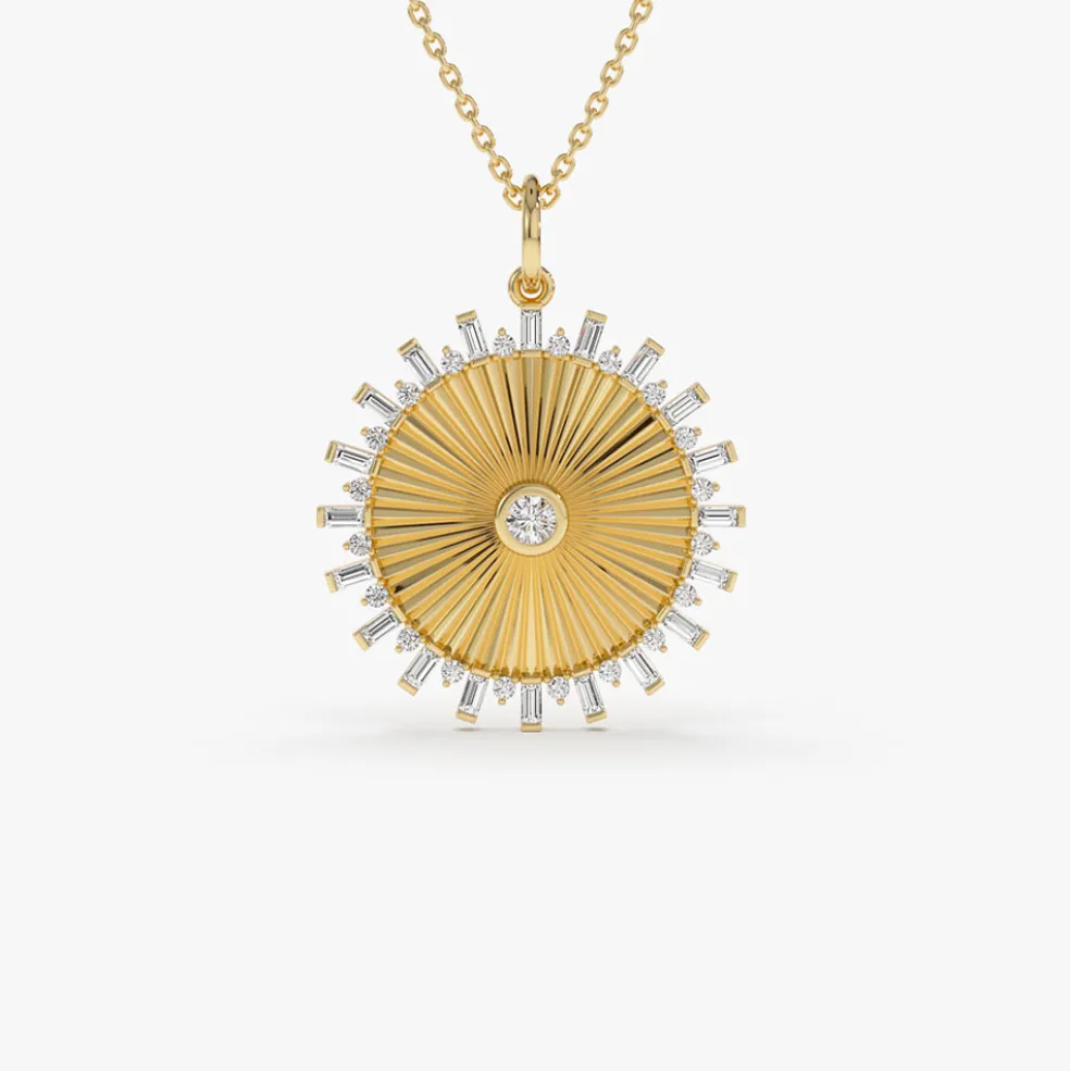 14k Baguette and Round Diamond Disc Ray Necklace