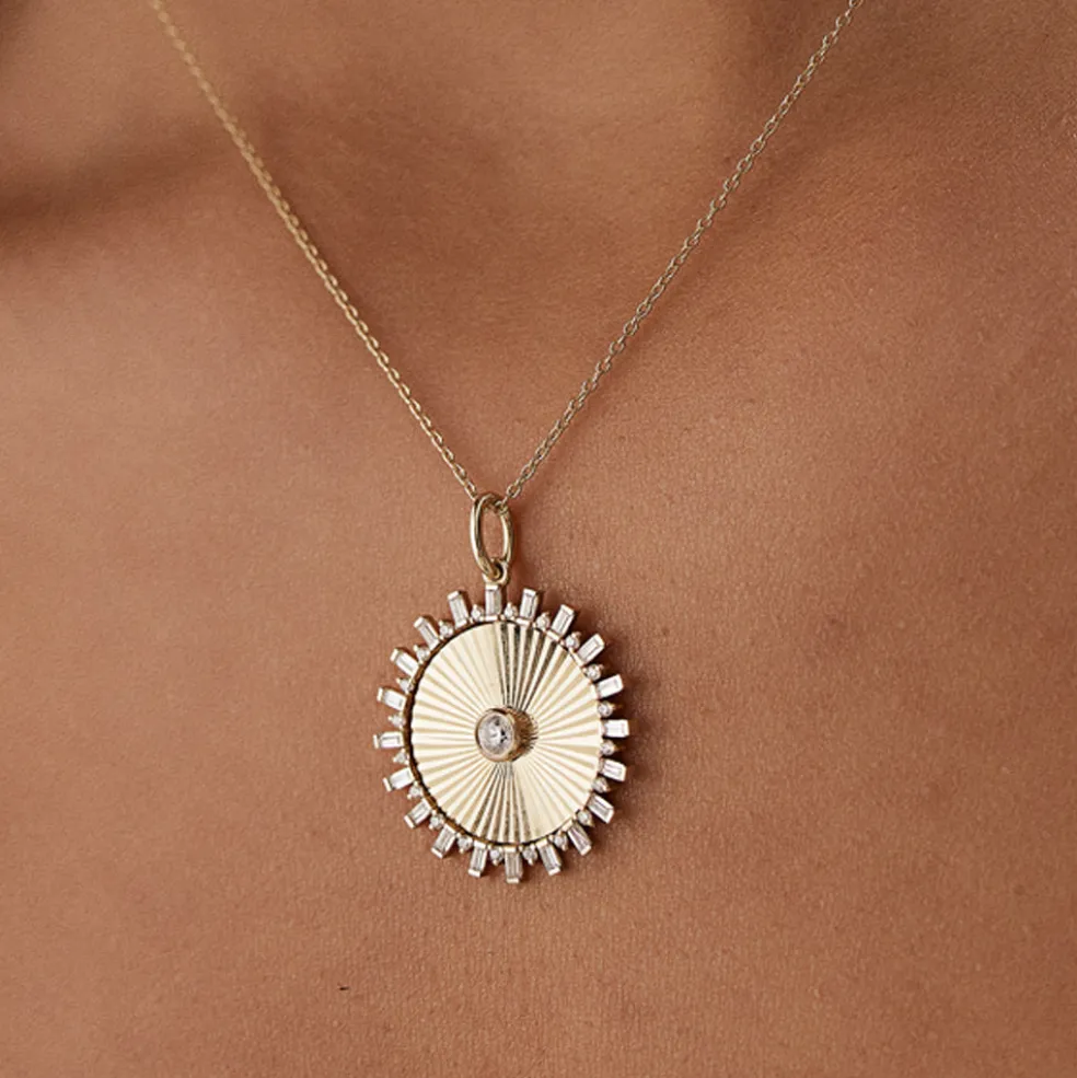 14k Baguette and Round Diamond Disc Ray Necklace