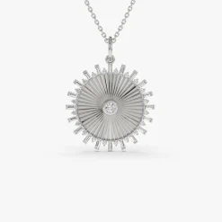 14k Baguette and Round Diamond Disc Ray Necklace